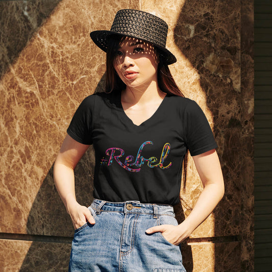 Rebel V-neck T-shirt black for woman. Are you a rebel? Buy this #Rebel T-shirt now if you are!