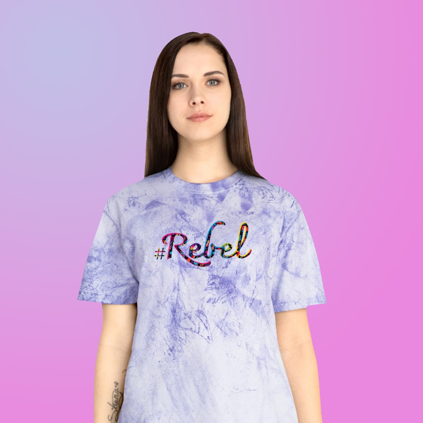 Rebel tie dye t-shirt for woman! Amethyst colored tie dye shirt with our #Rebel meme printed in colored letters at the front of the t-shirt.