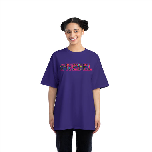 #REBEL meme printed at the front of this purple, wide, relaxed t shirt for women. Are you a rebel by soul? Are you ready to wear this name proudly? Then this t shirt is a must have for you! 