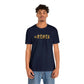 #REBEL liquid gold meme printed at the front of this navy blue men's t-shirt.