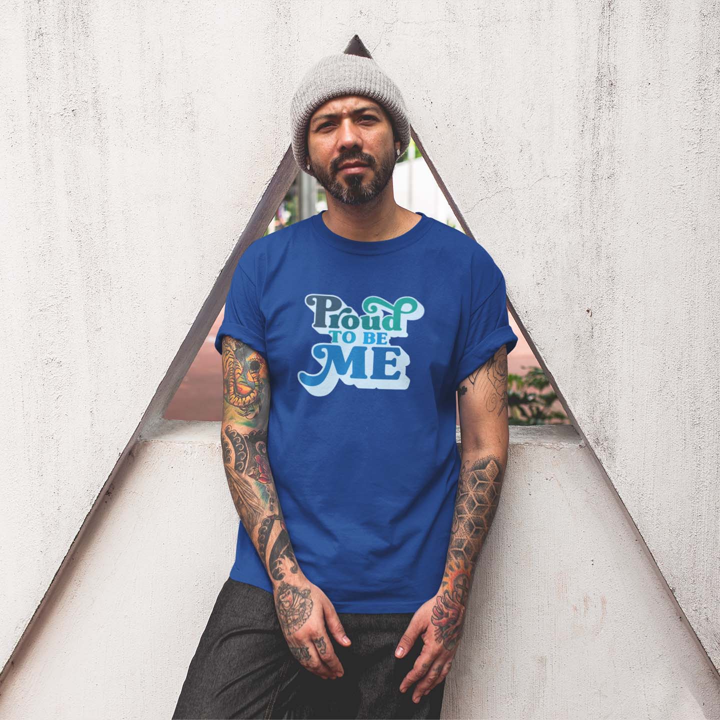 Royal Blue men’s T-shirt with PROUD TO BE ME quote visible at the front of the shirt. If you’re proud of the man you are, this is the perfect T-shirt for you!