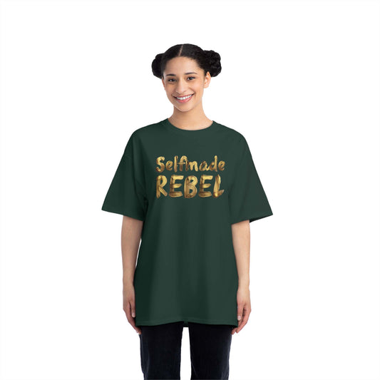 Make a statement with this oversized dark green tee with meme; Selfmade Rebel!
