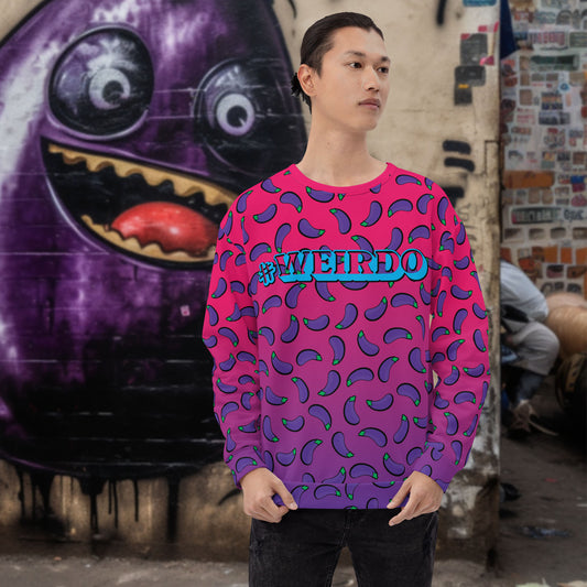 Awesome sweatshirt in the colors pink and purple with purple eggplants printed all over the men's sweatshirt. Also our famous meme #WEIRDO is shown at the front of this sweatshirt.