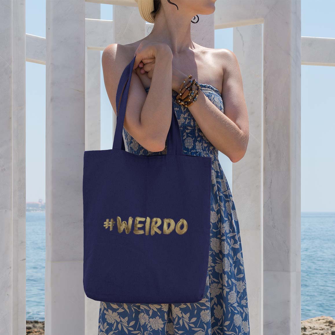 Navy blue #WEIRDO shopping bag.