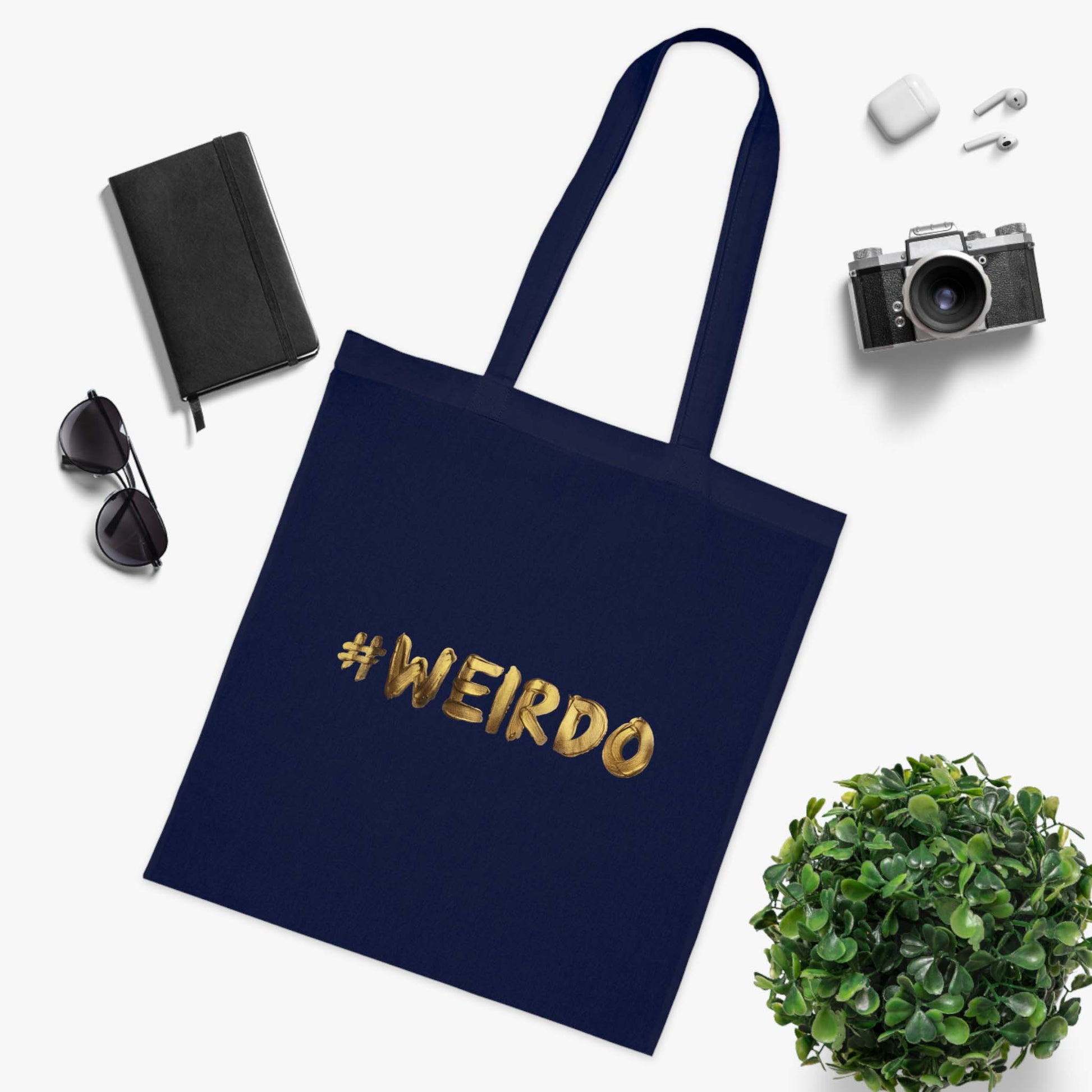 Shopping bag for weirdos! This navy blue shopping bag has our #WEIRDO meme shown at the front of the bag.