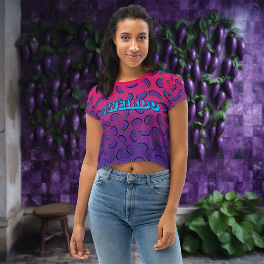 Weird crop top for women. Pink and purple top with eggplants and #WEIRDO meme