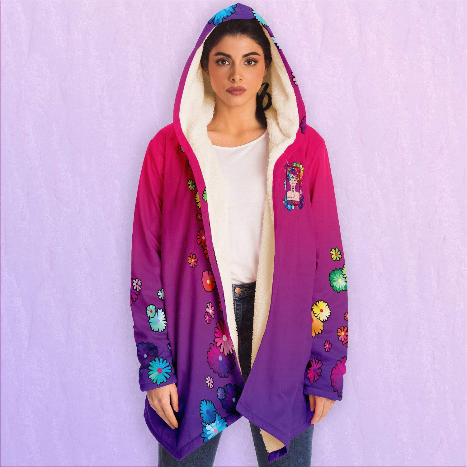 Spiritual vest for weirdos! pink and purple micro fleece vest with our famous 'the weirdo' tarot card printed at the front and back of this women's vest.