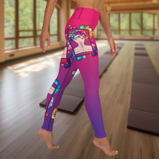 Spiritual yoga pants for weirdos who are into spirituality and tarot cards. pink and purple legging to hit the gym or a yoga class.