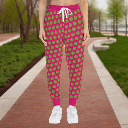 pink joggers with green apples for women.