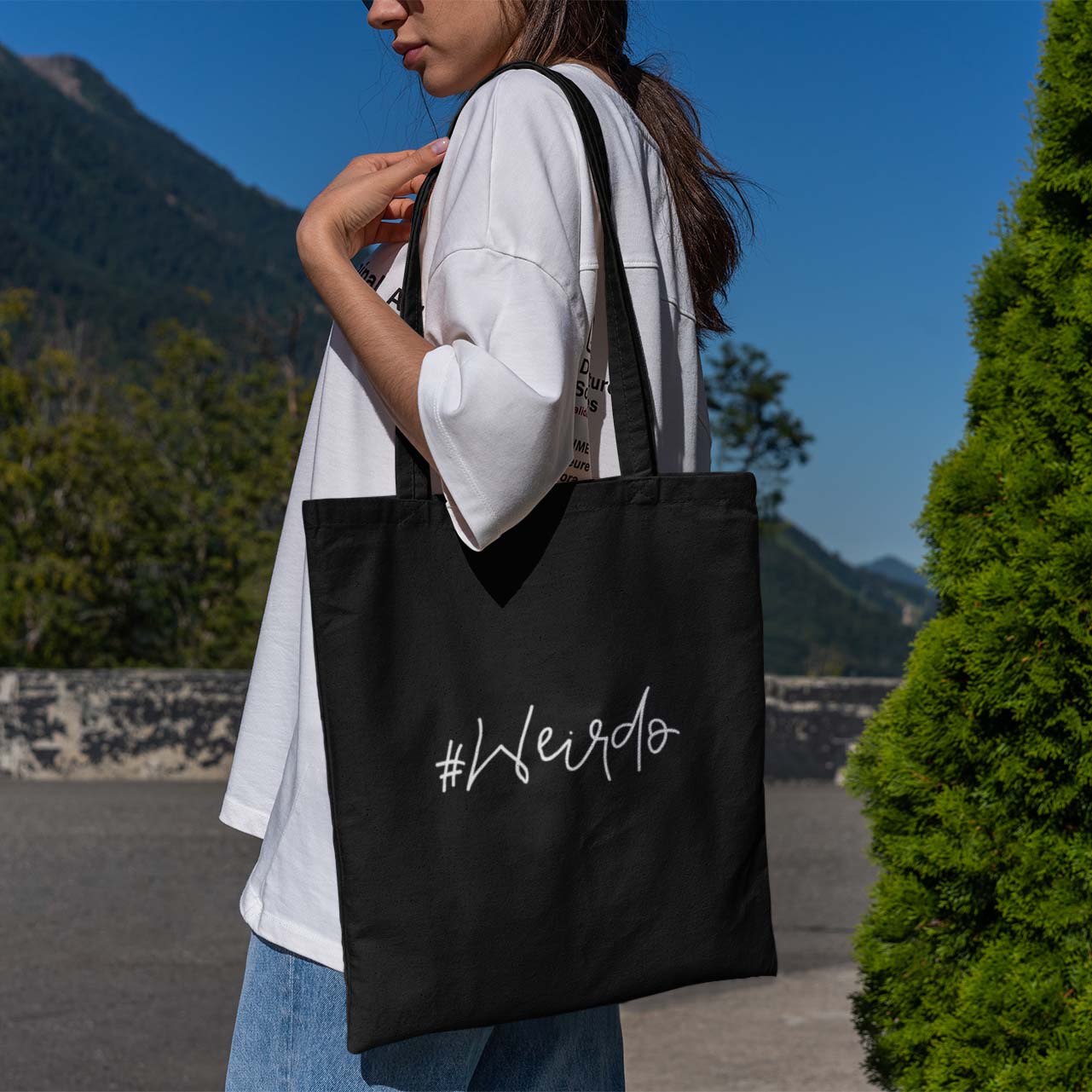 black shopping bag with white #Weirdo embroidery
