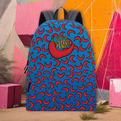 blue backpack with red peppers and meme: Extremely Hot Weirdo