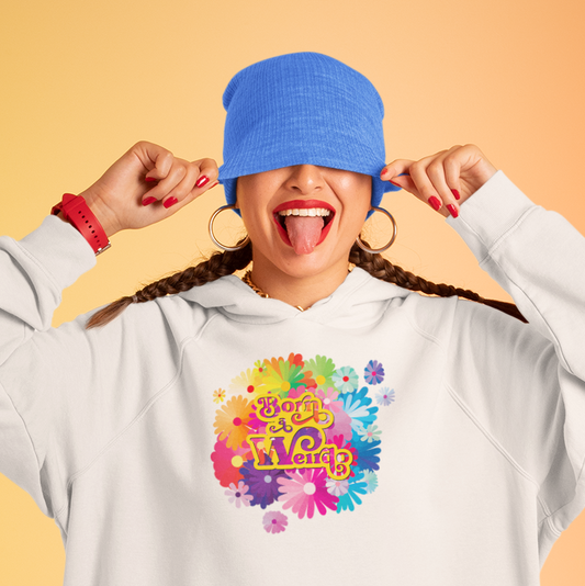 Are you born a weirdo? This hoodie has a colorful print at the front of the women's hoodie with flowers and our funny meme: Born a weirdo! Alternative clothing brand for weirdos