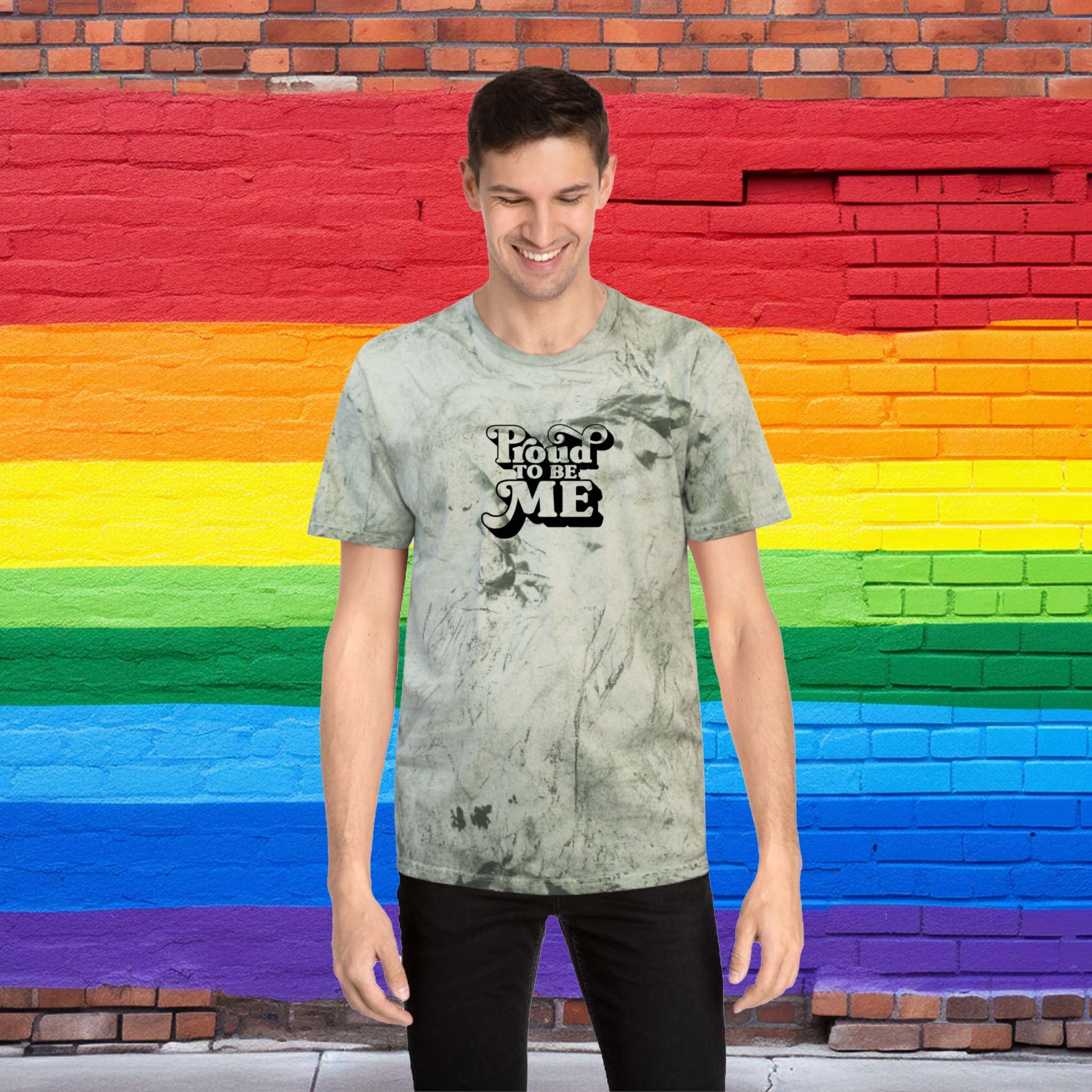color blast t-shirt, army green. proud to be me. funny meme.