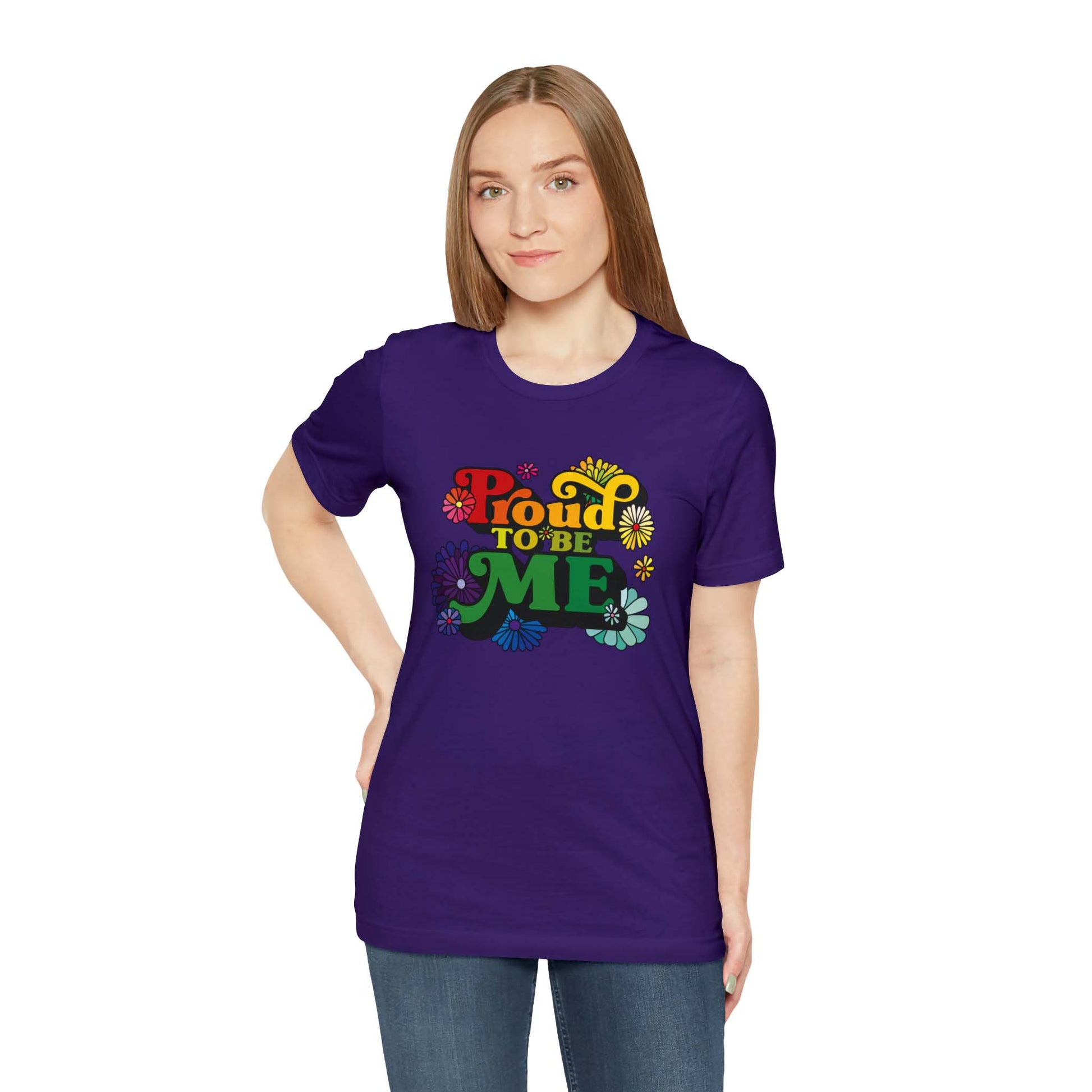 Expand your wardrobe with this awesome and colorful t-shirt if you are proud of the person you are today! This women’s t-shirt has a deep purple color and our meme popping off the shirt. Meme: PROUD TO BE ME.