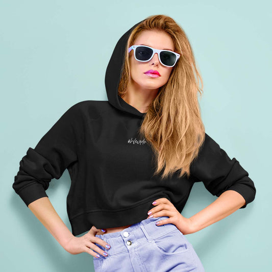 black crop hoodie for woman with #Weirdo meme embroidery