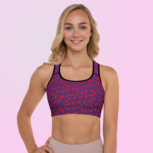 HOT padded sports bra for women. Purple with contrasting red peppers and our Extremely Hot Weirdo meme at the back of the sports bra.