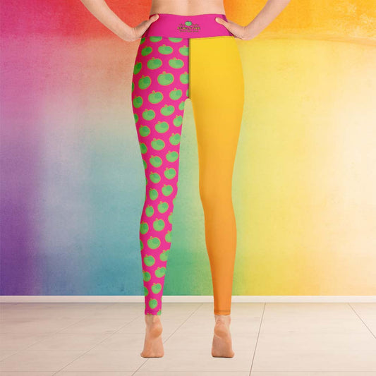 this bright colored yoga legging is yellow/orange on one side and pink with an apple pattern on the other side. Our funny meme 'this apple falls really far from the tree' is shown at the top back of the sports legging.