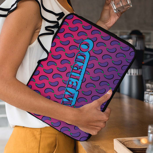 MacBook laptop sleeve. Also for windows laptop. Pink and purple sleeve with eggplant pattern and #WEIRDO meme. Alternative brand.