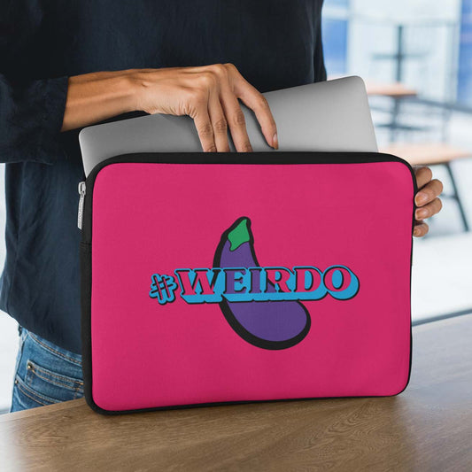 Pink laptop sleeve for MacBook or Windows laptop, 13 and 15 inch, eggplant figure with #WEIRDO meme.