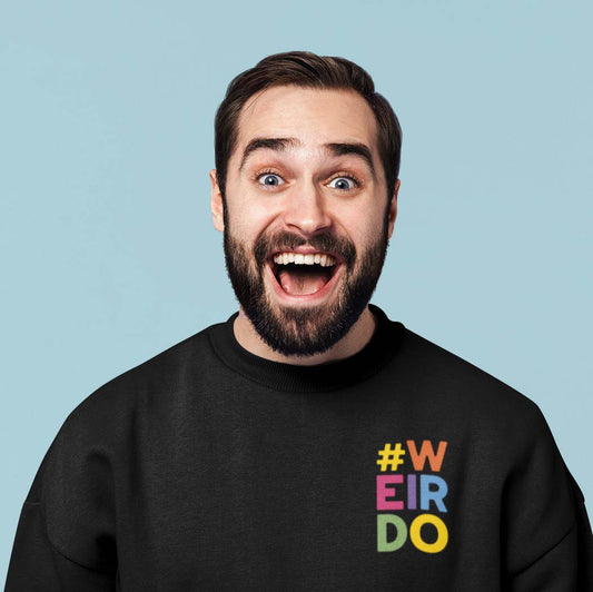 colored #WEIRDO meme embroidered on a black men's sweatshirt.