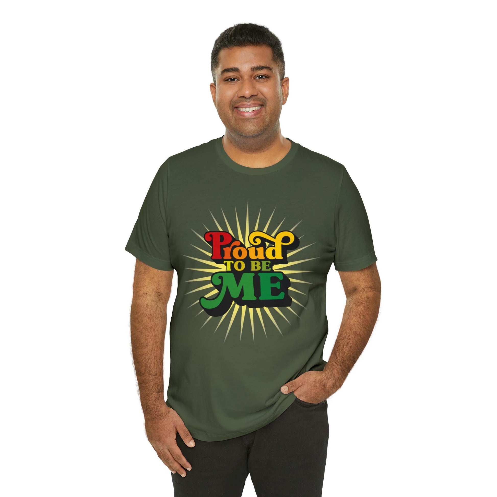 Are you proud of yourself and not afraid to show the world? This military green t-shirt has our PROUD TO BE ME meme printed at the front of the shirt.