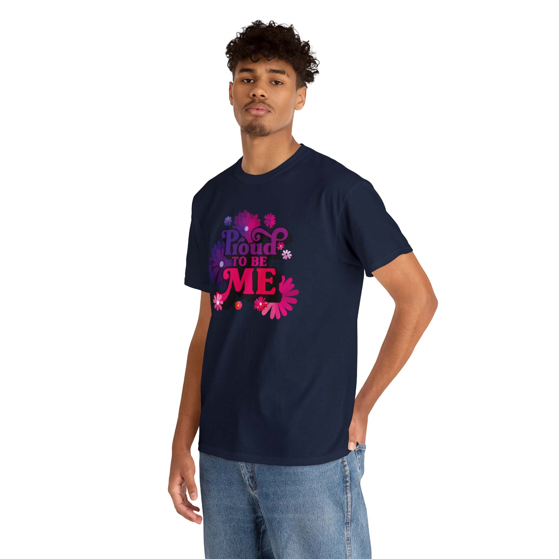 Make a statement with this navy tee for men! This tee has our famous quote shown at the front of the tee: PROUD TO BE ME! This tee can only be worn by men who are proud to be themselves.