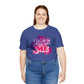 Meme t-shirt for women who are proud to be themselves! This t-shirt has our famous PROUD TO BE ME meme printed at the front of the t-shirt in pink and purple colors. Flowers surround the meme.