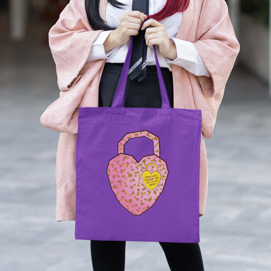 purple cotton shopping bag with hearts, keys and funny meme; good luck finding the key to my heart.