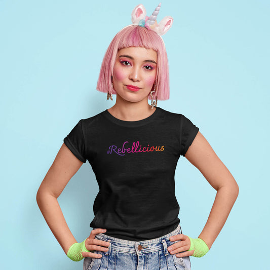 Are you a delicious rebel?! Then this women's t-shirt is a must have for you! Our famous #Rebellicious meme is printed at the front of the tee in different colored letters.