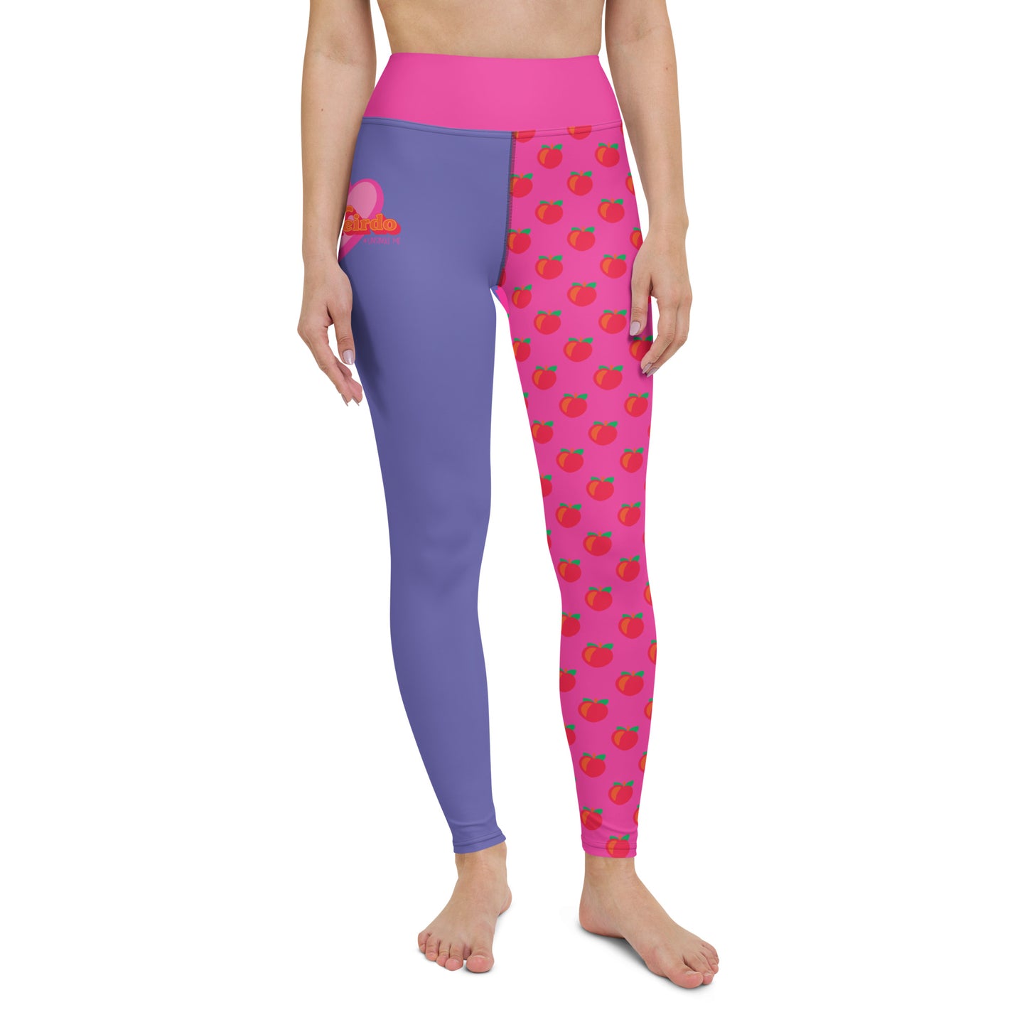 Hit the gym with these hot yoga pants! Pink and purple leggings with funny meme: Single Weirdo and peach pattern