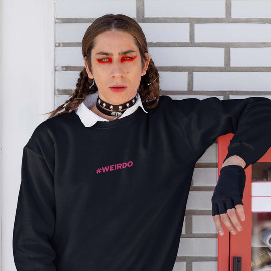 black sweatshirt for men with pink #weirdo embroidery. alternative fashion brand for weirdos.