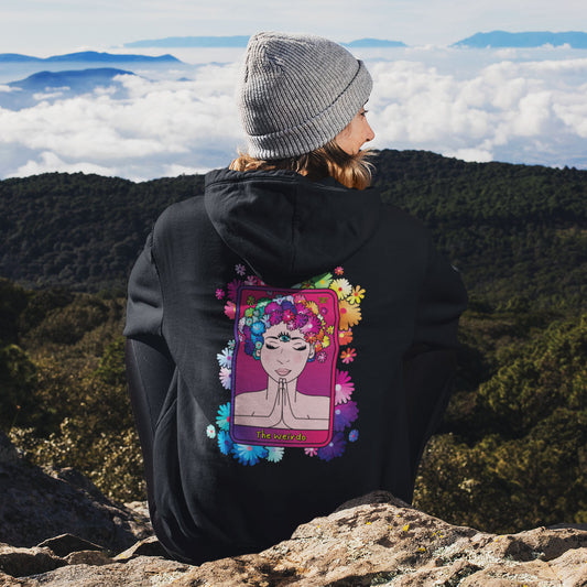 Zip up hoodie for woman who are into spirituality. The back of this zipped hoodie has our 'the weirdo' tarot card printed.