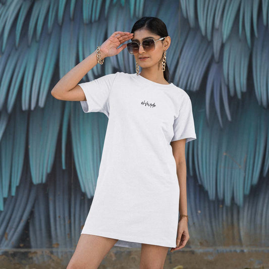 #Weirdo dress. This white t-shirt dress for women has our #Weirdo meme embroidered in black threat at the front of the dress.