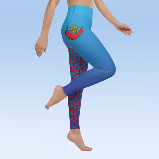 Blue yoga leggings for hot weirdos! Hot peppers are shown at the right leg and the left leg has our famous Extremely Hot Weirdo meme shown at the hip.