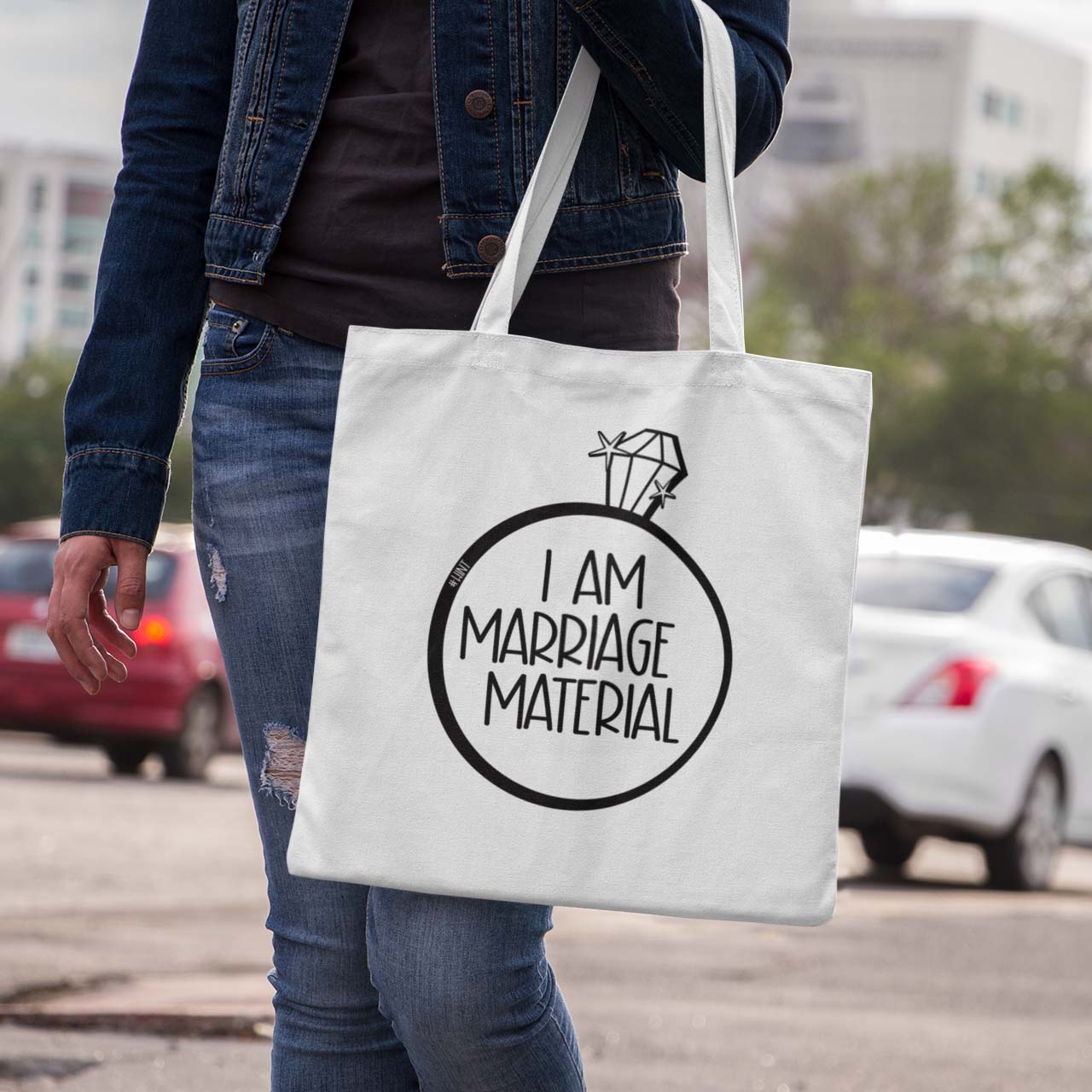 white cotton shopping bag with 'I am marriage material' funny meme