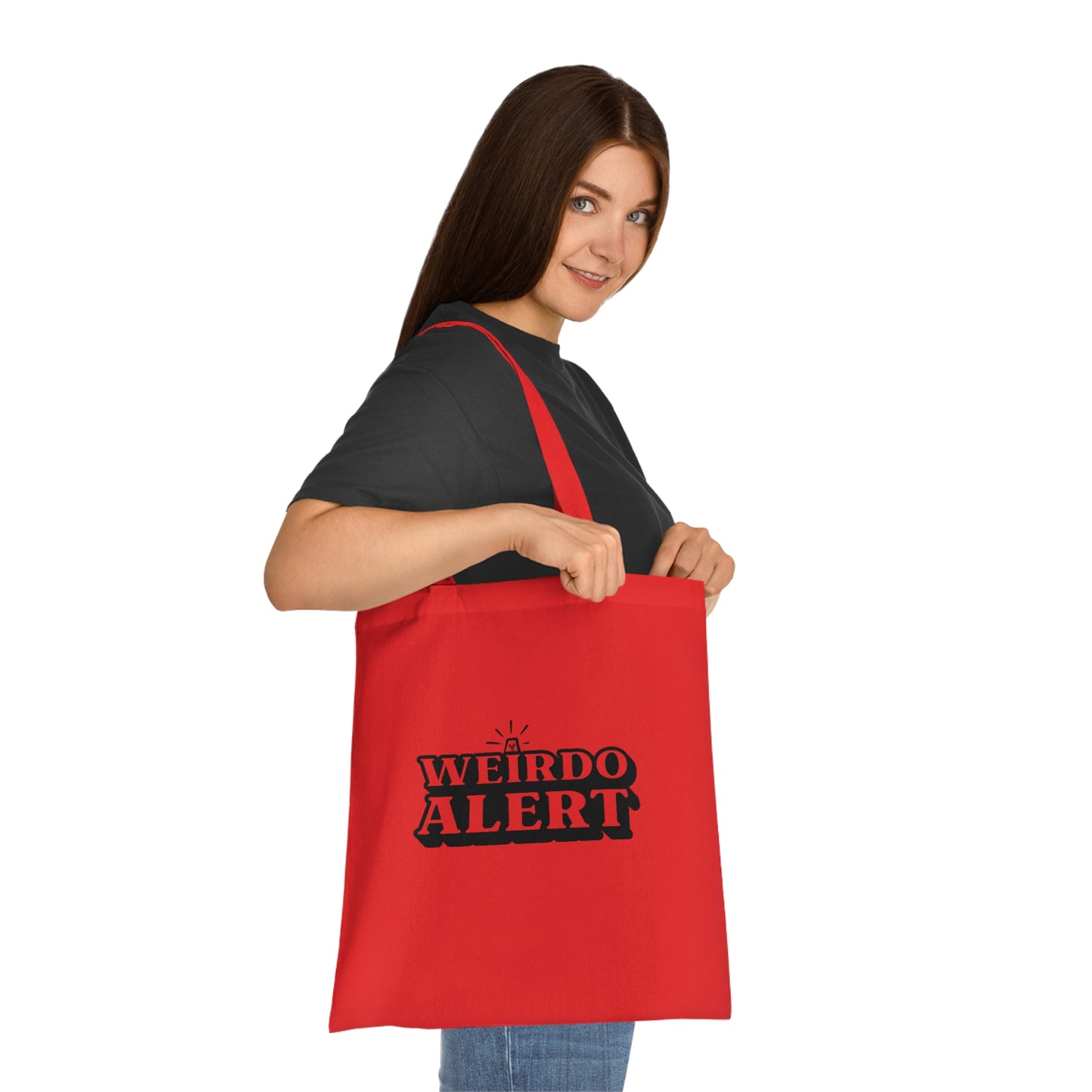 Weirdo | The size of this cotton tote bag is 42x38 cm. The red cotton bag has our funny meme printed at the front in black letters: WEIRDO ALERT
