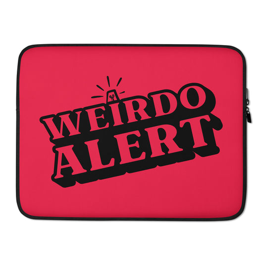 #WEIRDO | Red laptop sleeve with fun meme printed in black at both sides of the sleeve: WEIRDO ALERT. Only weird people can buy this laptop sleeve with weird meme!