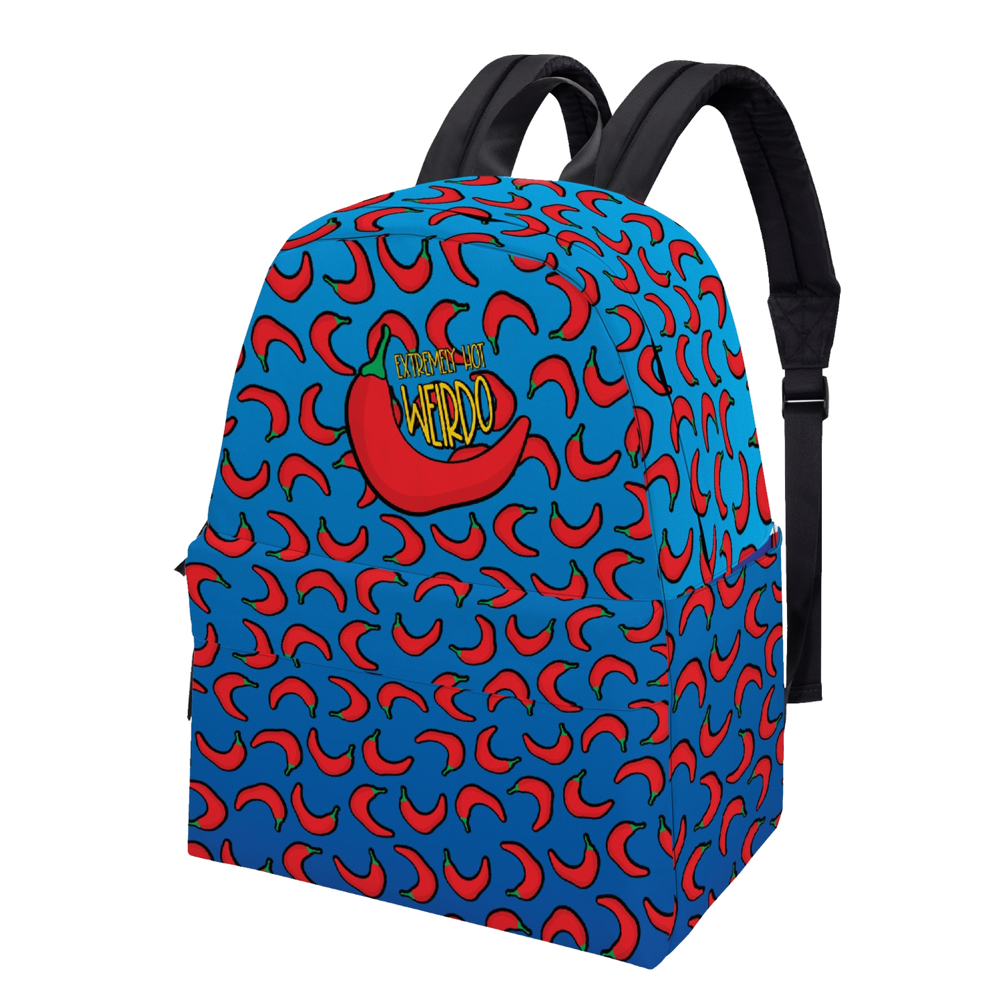 #WEIRDO | If your looking for a birthday present for your extremely hot but weird friend, this is the place for you! This backpack with blue colours, contrasting with the red peppers really stands out, but also the fun meme at the front of the bag makes people notice you ;-) Fun meme: Extremely Hot Weirdo.