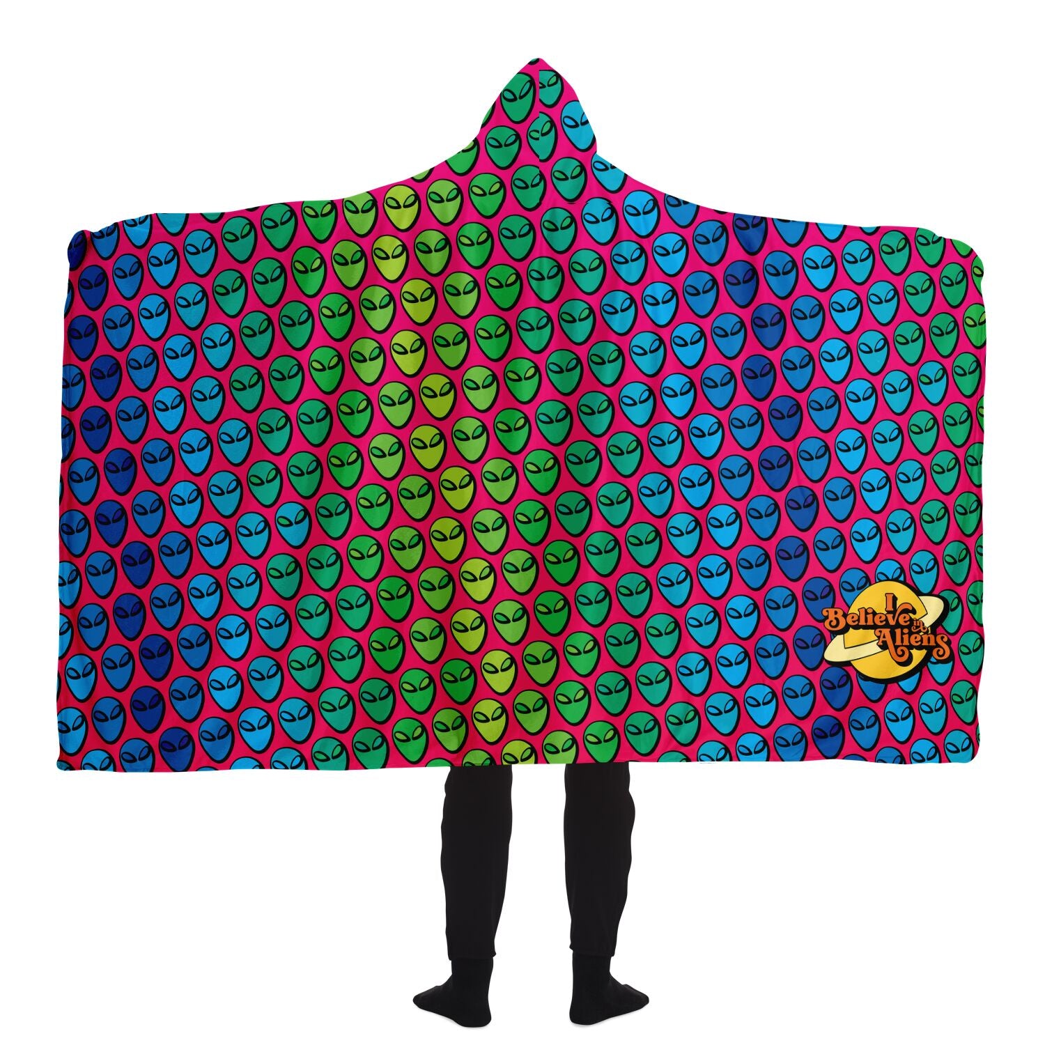 #WEIRDO | Sherpa fleece hooded blanket for you weirdos who believe in Aliens and wanna stay warm when chilling on your couch. Also the ‘I believe in Aliens’ fun meme is printed in the corner of the hooded blanket.