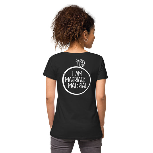 #WEIRDO | Funny short jokes on t shirts are found in the funny t shirt company! This black V-neck t-shirt for women has the ‘  I AM MARRIAGE MATERIAL ‘ weirdo meme printed at the back of the shirt. Give your weird partner a hint that you are ready for marriage!