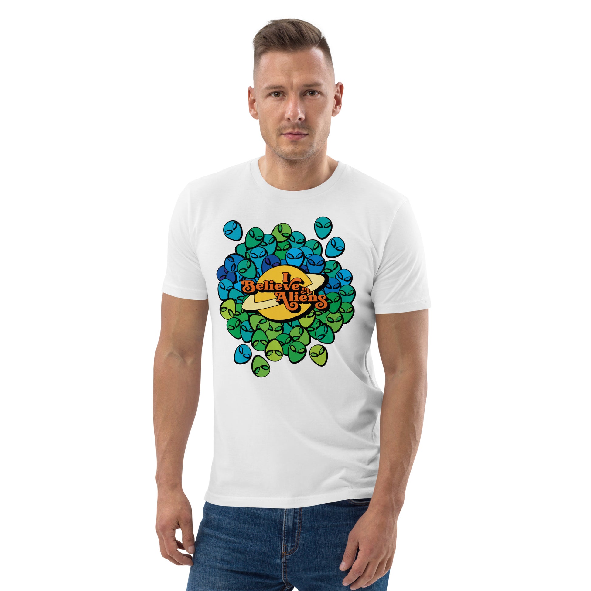 #WEIRDO | Funny t shirt man with Aliens. This white organic t shirt for men also has or funny meme printed on top of the alien explosion: I believe in Aliens. Check out more funny weird shirts in our online giftstore for weirdos.