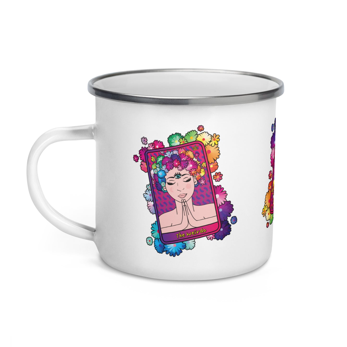 #WEIRDO | Specially designed for spiritual weirdos. This enamel mug has ‘The Weirdo’ tarot card displayed on the mug three times.