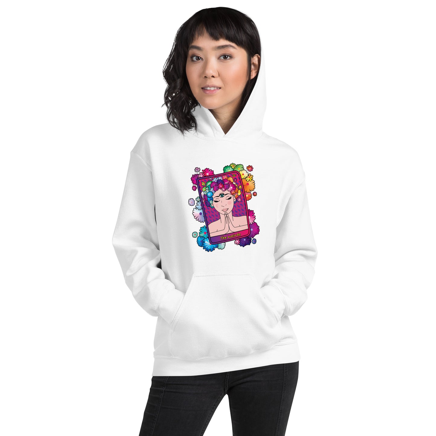 #WEIRDO | This awesome spiritual hoodie has ‘The Weirdo’ Tarot Card printed on the front and back of the hoodie. This hoodie is specially made for you spiritual weirdos who like to do Tarot Readings. Hoodie design.