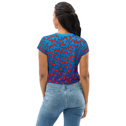 #WEIRDO | This weird but HOT crop top for women is blue with red peppers printed all over the crop top. Our fun meme: Extremely Hot Weirdo is printed at the front of the top. Check out more weird t-shirt sayings in our online gift store for weirdos.