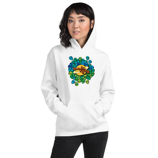 #WEIRDO | I believe in Aliens fun meme is in the centre of this white unisex hoodie on top of loads of Alien heads! If you believe in Aliens, then this hoodie is a must have for you! Aliens hoodie design for women.