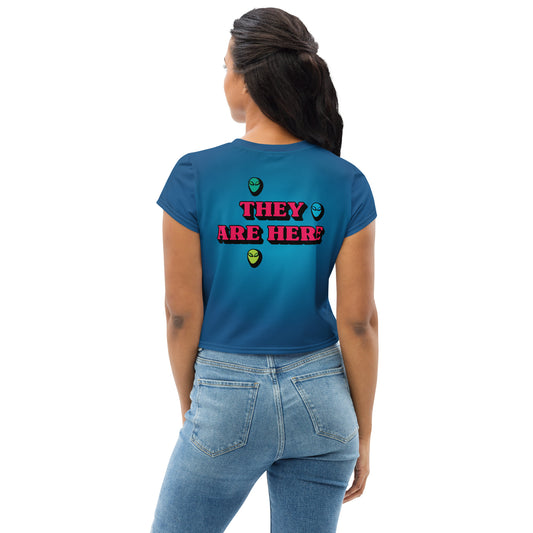 #WEIRDO meme: TOLD YOU SO. Referring to Aliens being already on earth. If you believe this conspiracy theory, then this crop tee is perfect for you! The back of this blueish crop tee says: THEY ARE HERE.