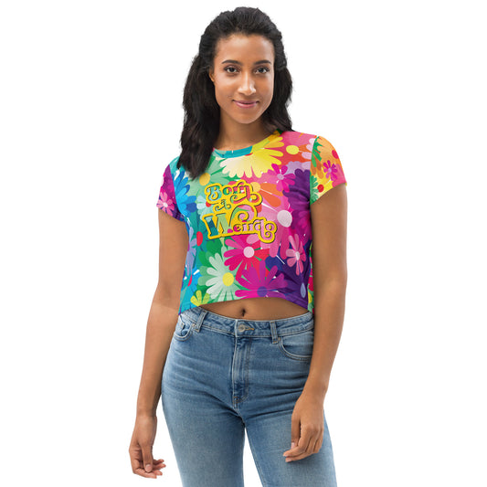 #WEIRDO | If you’re looking for weird t shirts designs, then hashtagweirdo.com is the number one online shop for you! We only got weird shirts for weird people! This crop tee for female weirdos has flowers printed all over and our Born a Weirdo meme at the front.