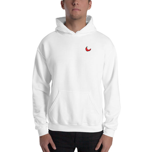 #WEIRDO | Basic, white, mens funny hoodie with small pepper printed at the front of the hoodie and the ‘Extremely Hot Weirdo’ meme at the backside of the hoodie.