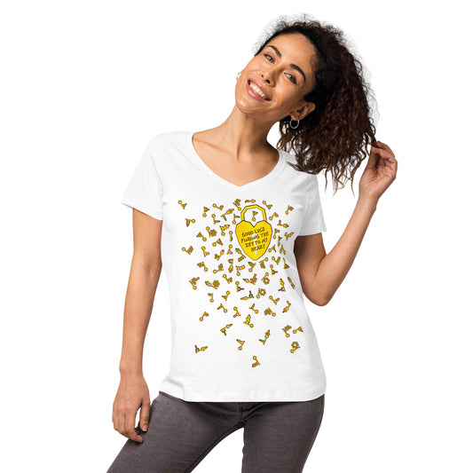 #WEIRDO | Funny t shirts for women with weird memes like this white V-neck t shirt. Funny meme: Good luck finding the key to my heart.