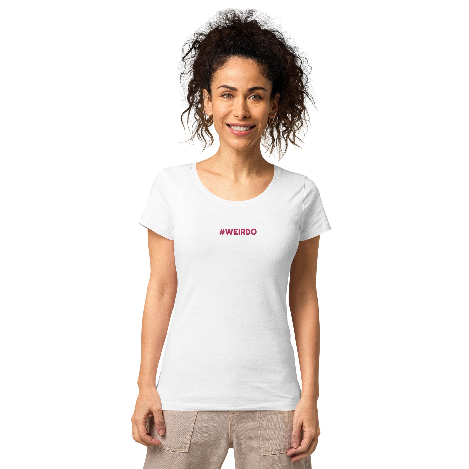 #WEIRDO memes are embroidered on our t-shirts for weird people! This is a white cotton t-shirt for women with a pink embroidery at the front of the t shirt. Check out all our funny t shirts for woman in the number one funny t shirt company in the world!